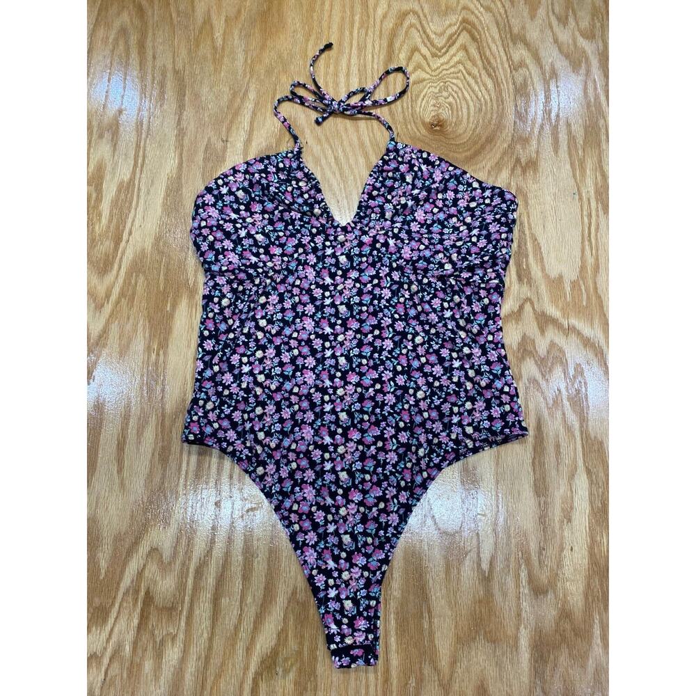 Wayf One-Piece Swimsuit Womens Large Black Floral Sleeveless Halter Hipster B67